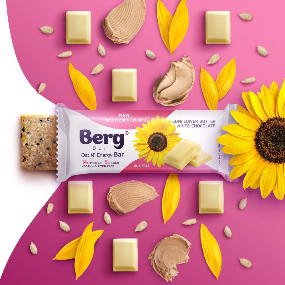 Berg Bar Sunflower Butter White Chocolate - Plant Protein Crunch - Box of 8 - Berg Bites - Clean Energy