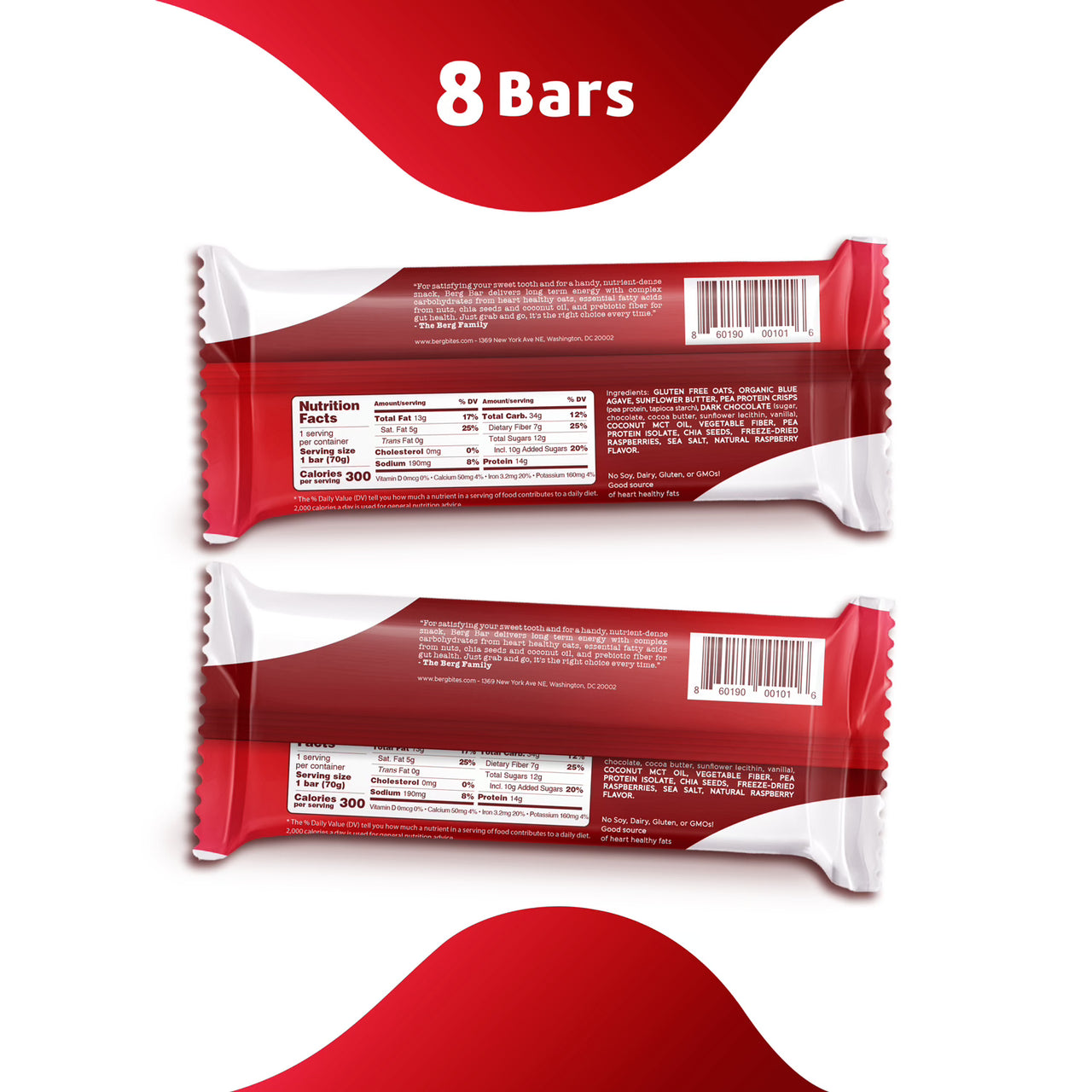 Berg Bar Raspberry Dark Chocolate - Plant Protein Crunch - Box of 8