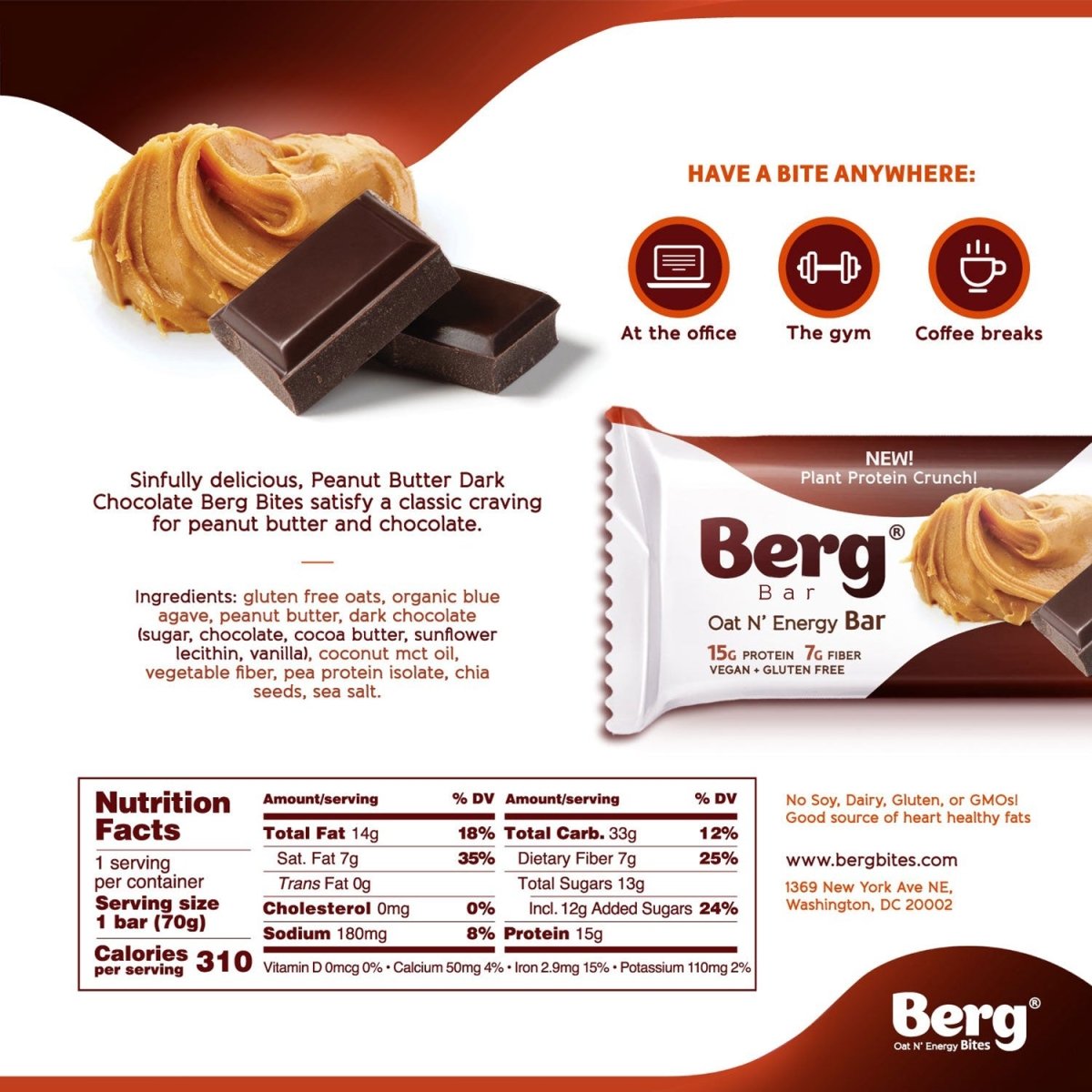Berg Bar Peanut Butter Dark Chocolate - Plant Protein Crunch - Box of 8 - Berg Bites - Clean Energy