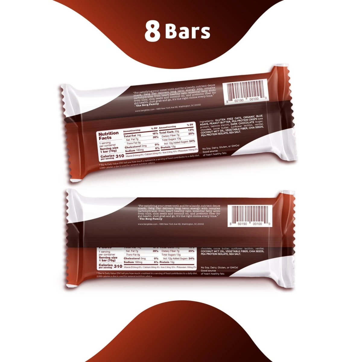 Berg Bar Peanut Butter Dark Chocolate - Plant Protein Crunch - Box of 8 - Berg Bites - Clean Energy