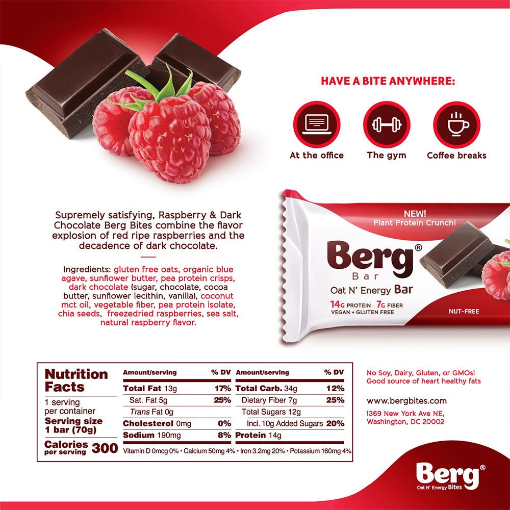 Berg Bar Raspberry Dark Chocolate - Plant Protein Crunch - Box of 8 - Berg Bites - Clean Energy