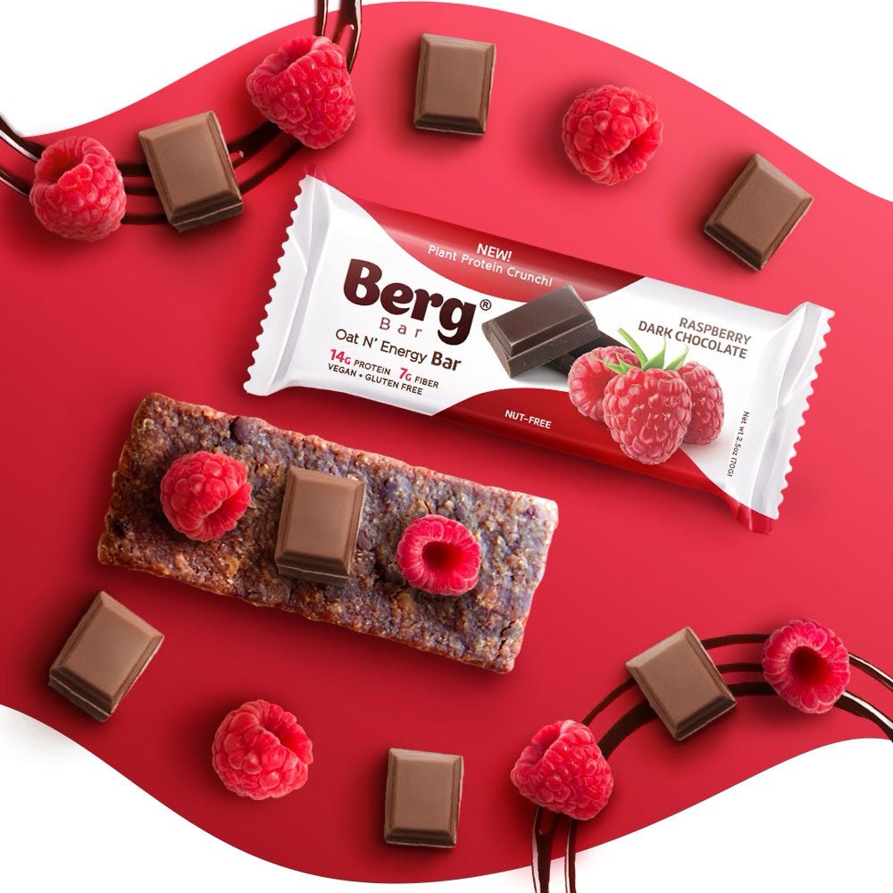 Berg Bar Raspberry Dark Chocolate - Plant Protein Crunch - Box of 8 - Berg Bites - Clean Energy