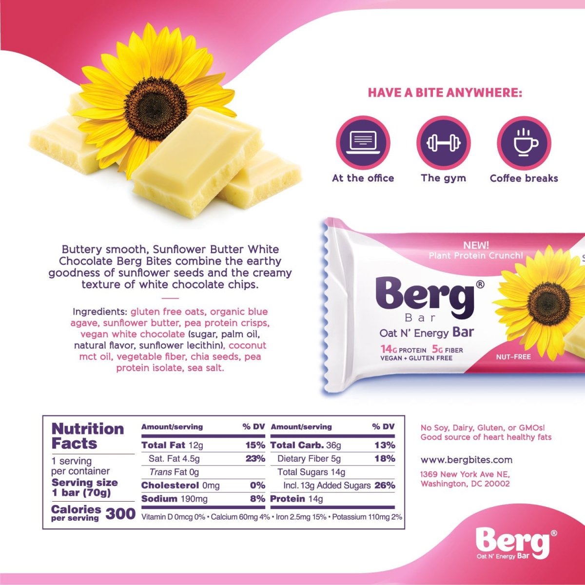Berg Bar Sunflower Butter White Chocolate - Plant Protein Crunch - Box of 8 - Berg Bites - Clean Energy