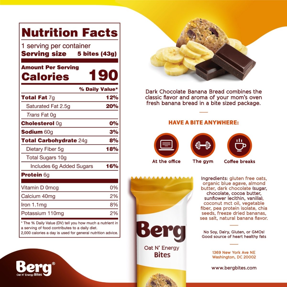 Berg Bites Dark Chocolate Banana Bread - Box of 8 - Berg Bites - Clean Energy